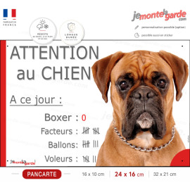 Boxer Fauve tête, Pancarte Portail humour, "Attention au Chien, nombre de Facteurs, Voleurs, Ballons !" photo, résiste dehors