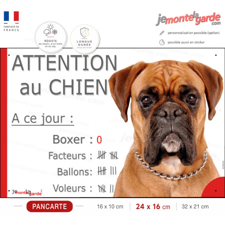 Boxer Fauve tête, Pancarte Portail humour, "Attention au Chien, nombre de Facteurs, Voleurs, Ballons !" photo, résiste dehors