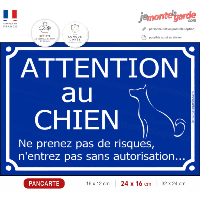 "Attention au Chien, ne prenez pas de risques, n'entrez pas sans autorisation" Plaque bleu portail humour extérieur sécurité