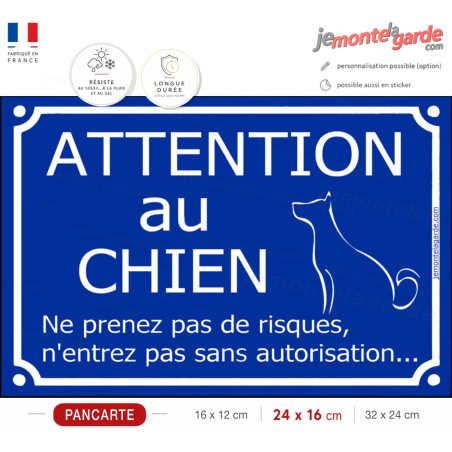 "Attention au Chien, ne prenez pas de risques, n'entrez pas sans autorisation" Plaque bleu portail humour extérieur sécurité