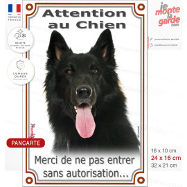 Berger Belge Groenendael, panneau portail vertical "Attention au Chien, merci de ne pas entrer sans autorisation" photo, résiste