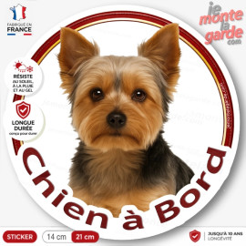 Yorkshire Terrier, sticker autocollant rond "Chien à Bord" disque photo York vitre voiture, résiste dehors, idée cadeau