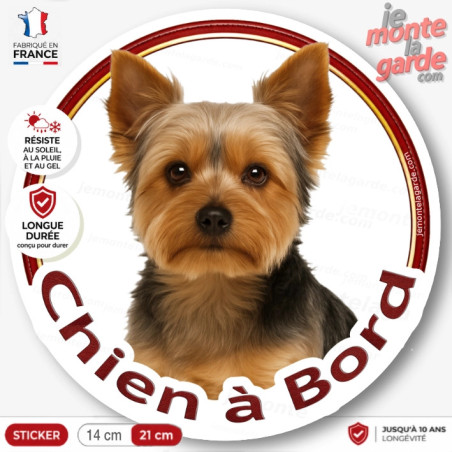 Yorkshire Terrier, sticker autocollant rond "Chien à Bord" disque photo York vitre voiture, résiste dehors, idée cadeau