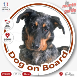 Harlequin Beauceron, circle sticker "Dog on board" 15 cm, car decal label, merle photo notice merle shepherd french sheep adhesi