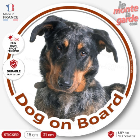 Harlequin Beauceron, circle sticker "Dog on board" 15 cm, car decal label, merle photo notice merle shepherd french sheep adhesi