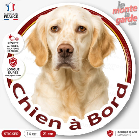 Sticker rond Setter Anglais lemon belton "Chien à Bord" résistant dehors et fabriqué en France pour voiture
