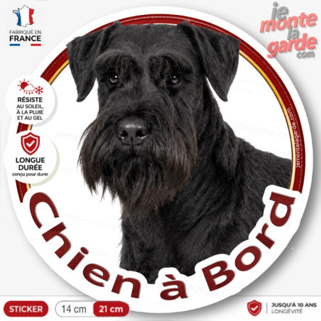 Sticker rond Schnauzer noir "Chien à Bord" résistant dehors et fabriqué en France pour voiture