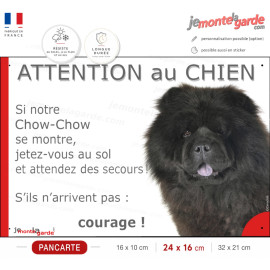 Chow-Chow noir, plaque portail humour "Attention au Chien, Jetez Vous au Sol, attendez secours, courage" photo, résiste dehors