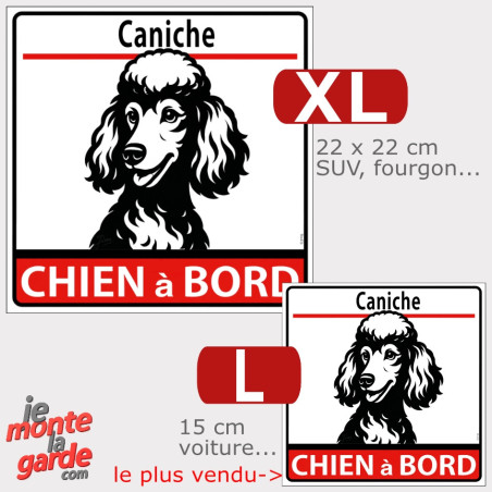 Sticker carré Caniche dessin en noir et blanc "CHIEN à BORD" 2 Tailles