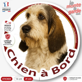 Sticker rond Basset Griffon Vendéen tricolore "Chien à Bord" pour voiture, résistant dehors et fabriqué en France