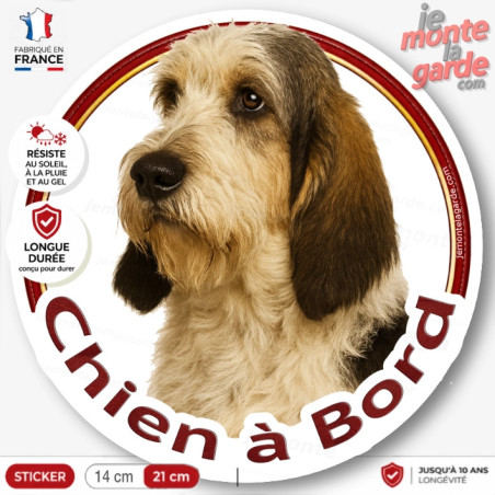 Sticker rond Basset Griffon Vendéen tricolore "Chien à Bord" pour voiture, résistant dehors et fabriqué en France