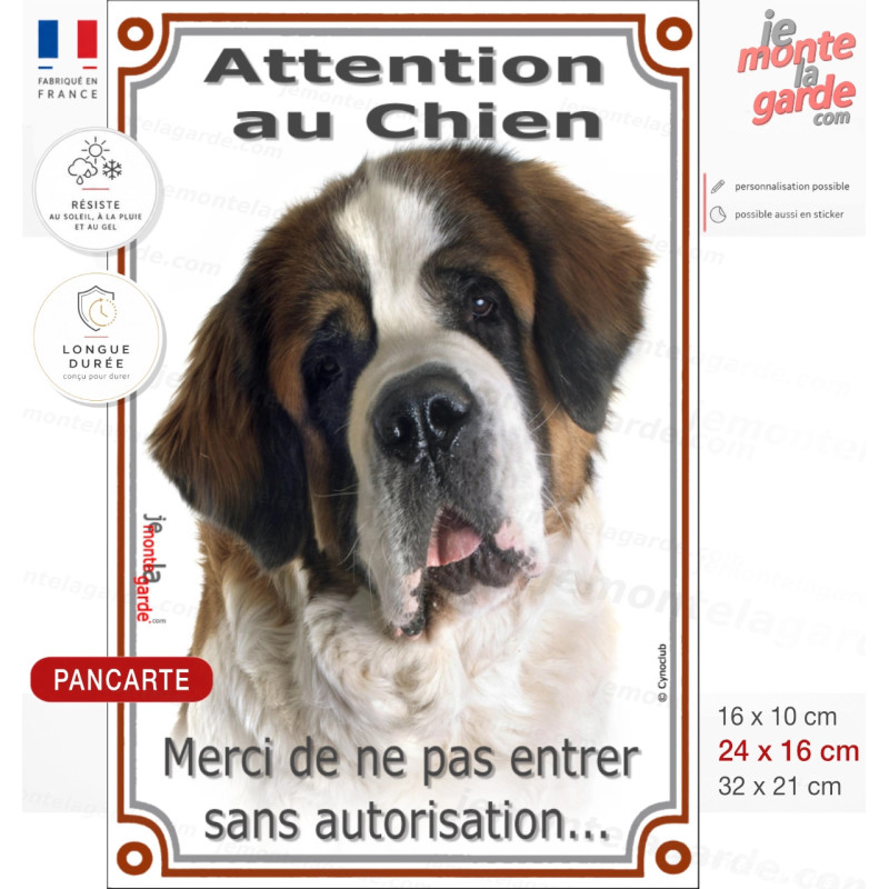 Saint-Bernard, Plaque Portail "Attention au Chien, pas sans autorisation" verticale, pancarte photo St-Bernard