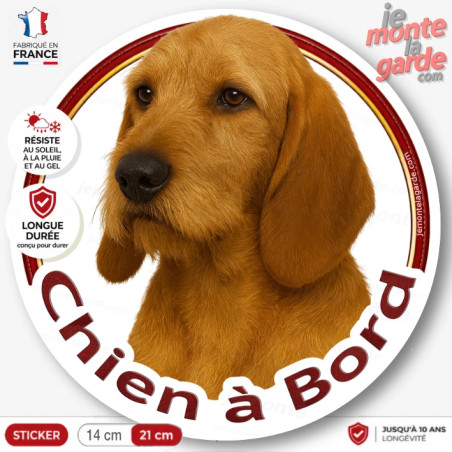 Sticker rond Basset fauve de Bretagne "Chien à Bord" résiste dehors et fabriqué en France pour voiture