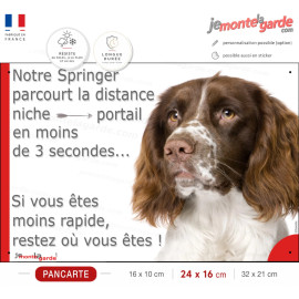 Springer Anglais Spaniel foie, plaque humour "parcourt la distance Niche-Portail en moins de 3 secondes" photo, résiste dehors