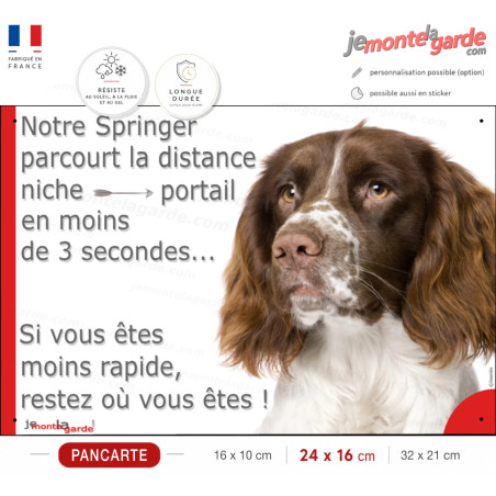 Springer Anglais Spaniel foie, plaque humour "parcourt la distance Niche-Portail en moins de 3 secondes" photo, résiste dehors
