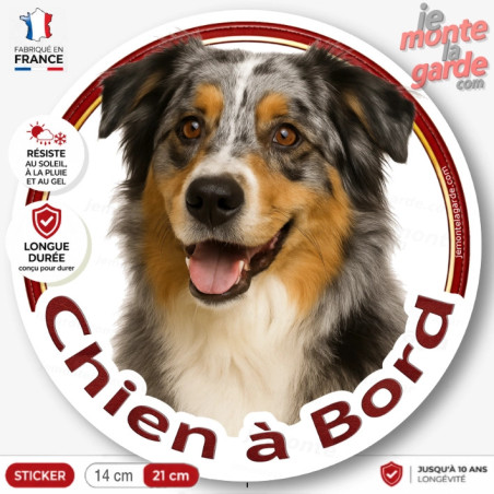 Sticker rond Berger Australien bleu merle tricolore "Chien à Bord" pour voiture, résiste dehors et fabriqué en France