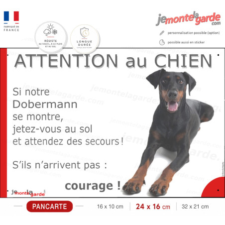 Dobermann noir et feu, plaque portail humour "Attention au Chien, Jetez Vous au Sol, secours" photo Dobie, résiste dehors