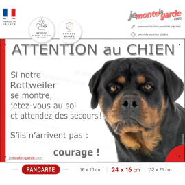 Rottweiler, Panneau "Attention au Chien, jetez-vous au sol et attendez des secours !" photo Rott, résiste dehors