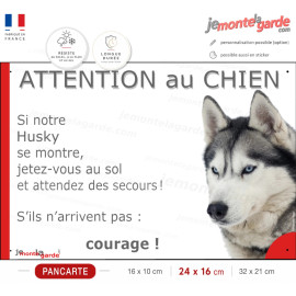 Husky gris yeux bleus, plaque portail humour "Attention au Chien, Jetez Vous au Sol, attendez secours" photo, résiste dehors