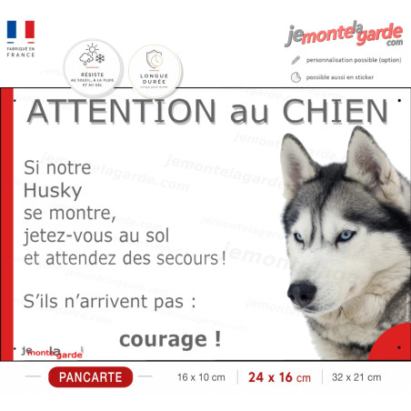 Husky gris yeux bleus, plaque portail humour "Attention au Chien, Jetez Vous au Sol, attendez secours" photo, résiste dehors