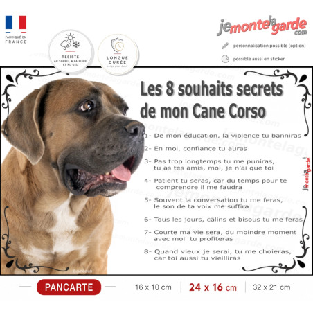 Cane Corso fauve, Plaque Portail "Les 8 Souhaits Secrets" commandements éducation, résiste dehors