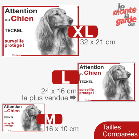 Plaque portail "Attention au Chien, notre Teckel surveille et protège" dessin, 3 Tailles