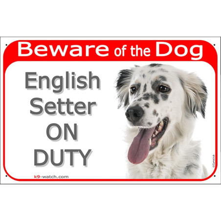 Blue Belton English Setter gate sign displaying “Beware of the Dog” and “English Setter ON DUTY”.