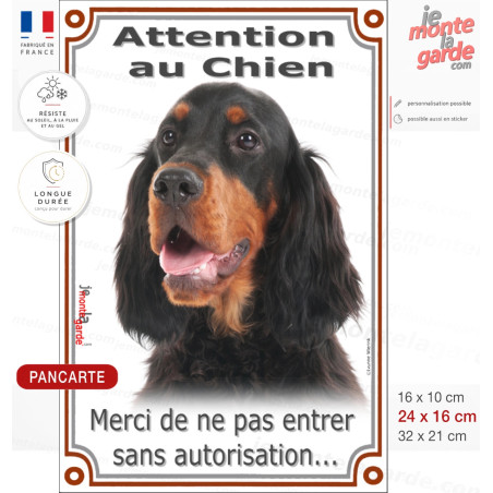 Setter Gordon, plaque portail verticale "Attention au Chien, merci de ne pas entrer sans autorisation" photo, résiste dehors
