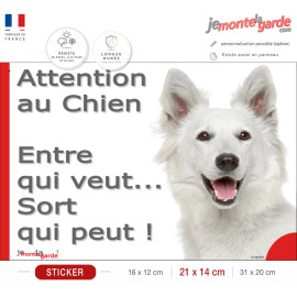 Berger Blanc Suisse, sticker portail humour "Attention au Chien, Entre qui veut, sort qui peut !" photo pancarte autocollant bbs