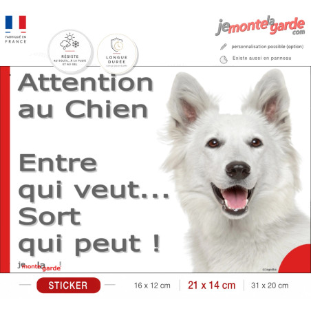 Berger Blanc Suisse, sticker portail humour "Attention au Chien, Entre qui veut, sort qui peut !" photo pancarte autocollant bbs