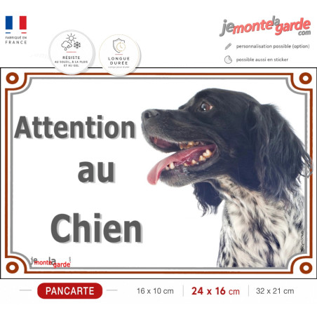 Epagneul Breton noir et blanc Tête, plaque portail "Attention au Chien" photo, résiste pluie soleil gel, idée cadeau