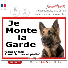 Berger Allemand poils longs, plaque portail ECO "Je Monte la Garde, risques périls" panneau simple, pas cher mais durable