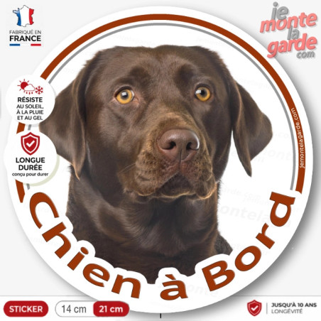 Labrador Chocolat marron brun Tête, sticker autocollant rond "Chien à Bord" disque adhésif photo vitre voiture