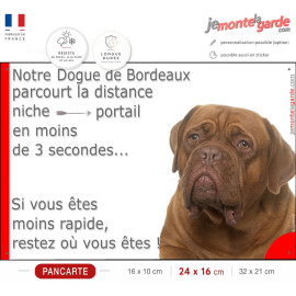 Dogue de Bordeaux face rouge, Plaque photo humour "parcourt distance niche-portail moins 3 secondes" attention au chien