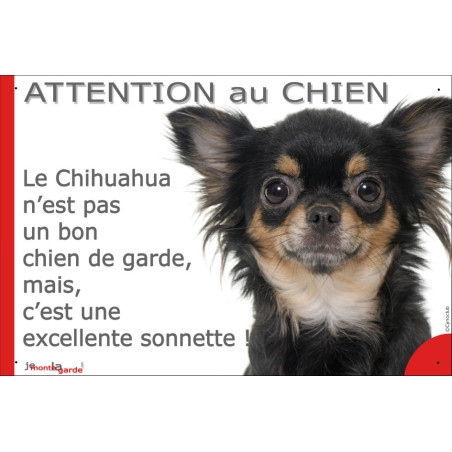 plaque portail humour "Attention au Chien, notre Chihuahua noir et feu à poils longs garde est une sonnette" photo