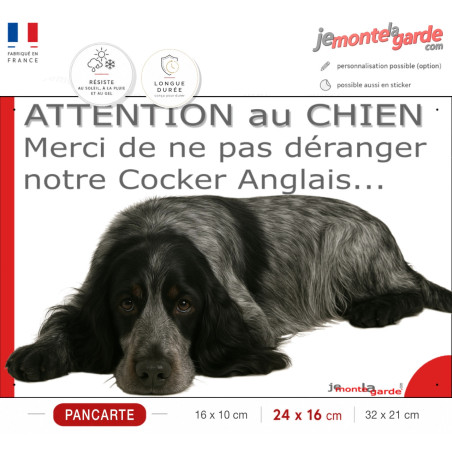 Plaque portail humour extérieure "Attention au Chien, Merci de ne pas déranger notre Cocker Anglais Bleu Rouan" photo sieste
