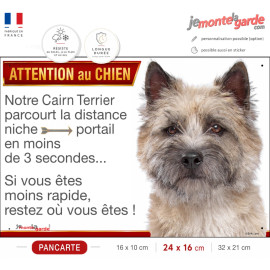 Cairn Terrier fauve, plaque humour "parcourt distance Niche-Portail moins 3 secondes, rapide" photo attention au chien