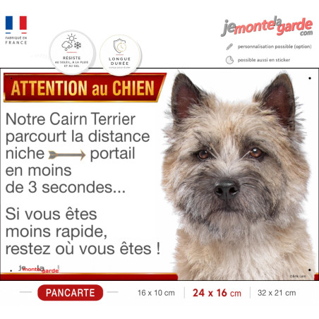 Cairn Terrier fauve, plaque humour "parcourt distance Niche-Portail moins 3 secondes, rapide" photo attention au chien