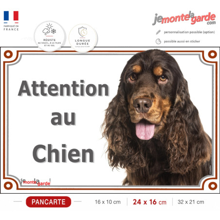 Cocker Anglais Spaniel marron chocolat et feu, plaque portail "Attention au Chien" photo, résiste dehors, fabriqué en France