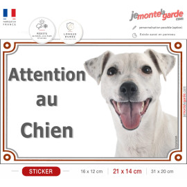 Jack Russell Terrier tout blanc, autocollant "Attention au Chien" Sticker panneau photo adhésif portail entrée boite aux lettres