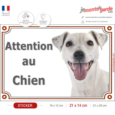 Jack Russell Terrier tout blanc, autocollant "Attention au Chien" Sticker panneau photo adhésif portail entrée boite aux lettres