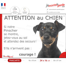 Pinscher noir et feu, plaque humour "Attention au Chien, Jetez Vous au Sol, attendez secours, courage" photo, résiste dehors