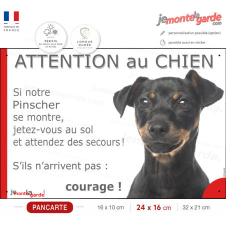 Pinscher noir et feu, plaque humour "Attention au Chien, Jetez Vous au Sol, attendez secours, courage" photo, résiste dehors