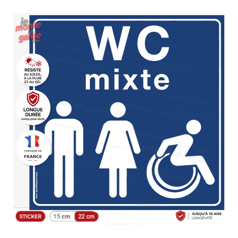 Sticker WC mixte PMR résiste dehors fabriqué en France, homme, femme, handicapés pour porte Toilettes