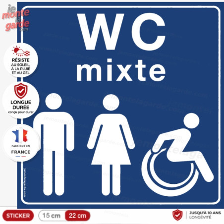 Sticker WC mixte PMR résiste dehors fabriqué en France, homme, femme, handicapés pour porte Toilettes
