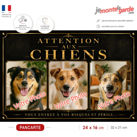 3 Photos personnalisables, plaque pluriel "Attention aux Chiens, risques et périls" look plaque de rue, résiste dehors