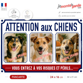 3 Photos personnalisables, plaque pluriel "Attention aux Chiens, risques et périls" look plaque de rue, résiste dehors