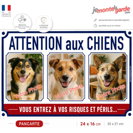 3 Photos personnalisables, plaque pluriel "Attention aux Chiens, risques et périls" look plaque de rue, résiste dehors
