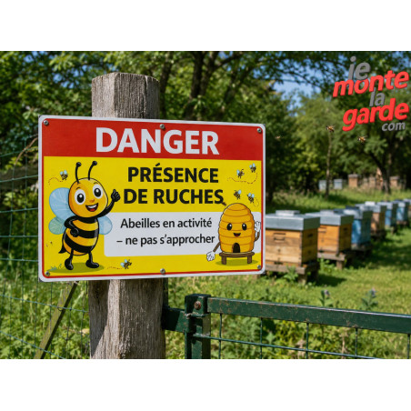Pancarte éducative "Danger présence de ruches", Photo installation du panneau