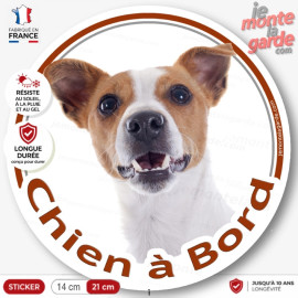 Jack Russell Terrier blanc avec tâches fauve, sticker autocollant rond "Chien à Bord" adhésif voiture photo, résiste dehors